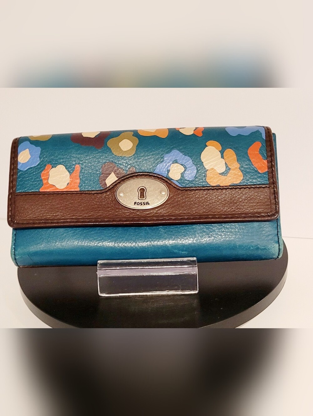 Fossil Teal Trifold  Leather Wallet with Brown Trim